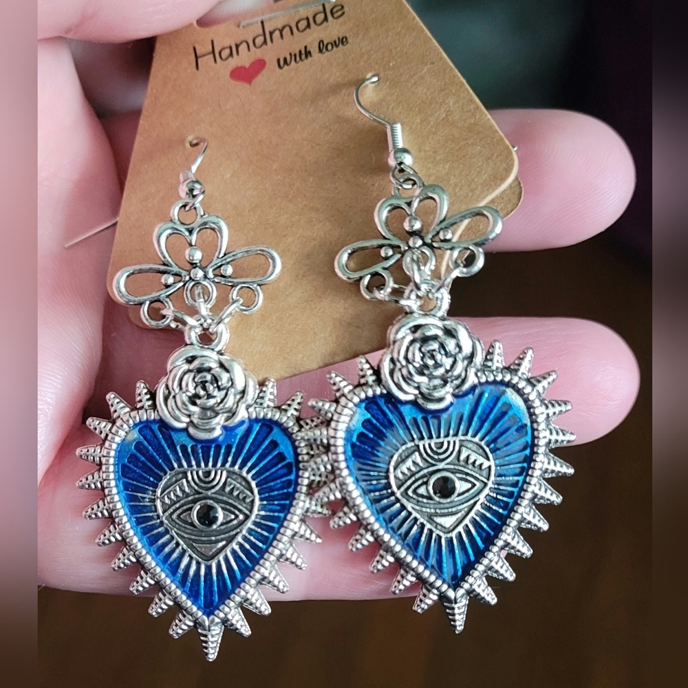 Spiked Blue Heart Eye Rose Handmade Earrings Punk Goth Emo Dangle Gothic - Picture 11 of 13